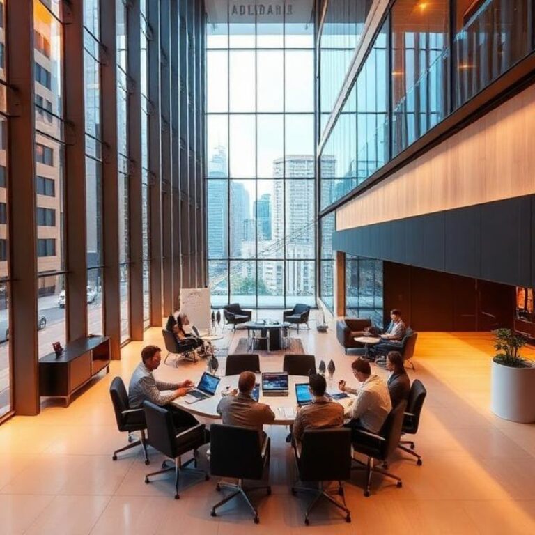 Business meeting in a glass-walled atrium, people around a round table with laptops and notes, city buildings outside.