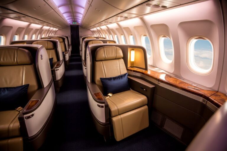 Luxurious private jet cabin with beige leather seats, wood trim, and blue cushions seen from the aisle.