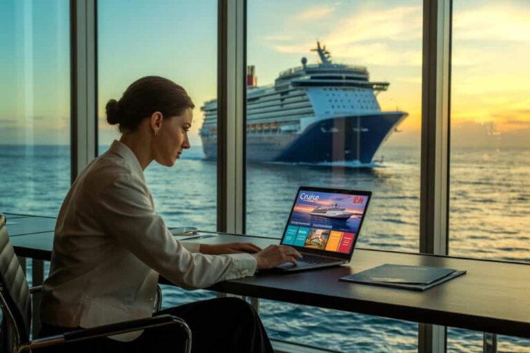 Businesswoman on a cruise ship, typing on a laptop that displays a cruise website, with the ocean and another cruise ship visible through the window.
