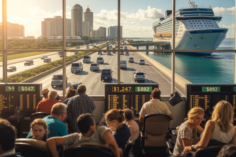 Passengers in a port terminal overlook a docked cruise ship, water, and a busy coastal highway with a city skyline in the background.