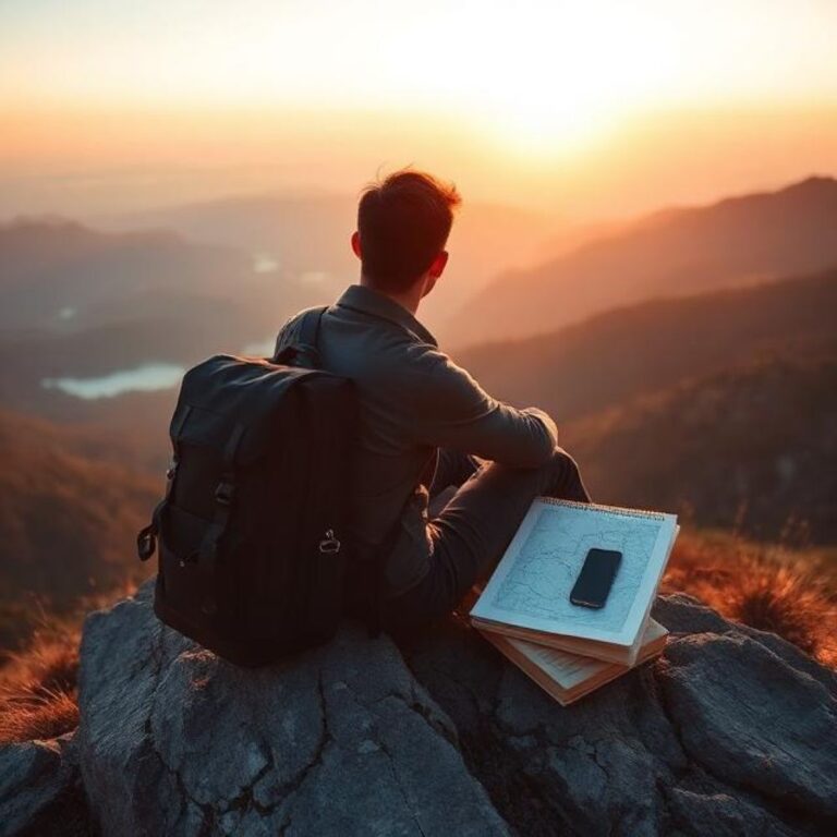 Hiker with a backpack sits on a rocky ledge at sunset, nearby map and notebook with a smartphone on top.
