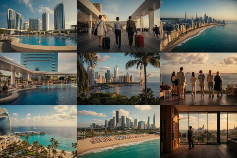 Collage of luxury cityscapes and beaches: towers, skyline, beaches, and people enjoying waterfront views at sunset or daytime.