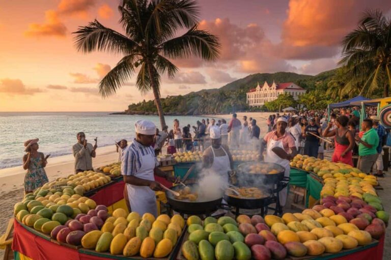 Beachside mango market at sunset with cooks grilling fruit on large pans surrounded by colorful mangoes and a crowd of diners.