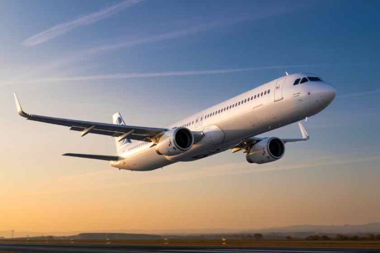 Commercial jet taking off from a runway at sunset, engines active and a clear gradient sky behind.