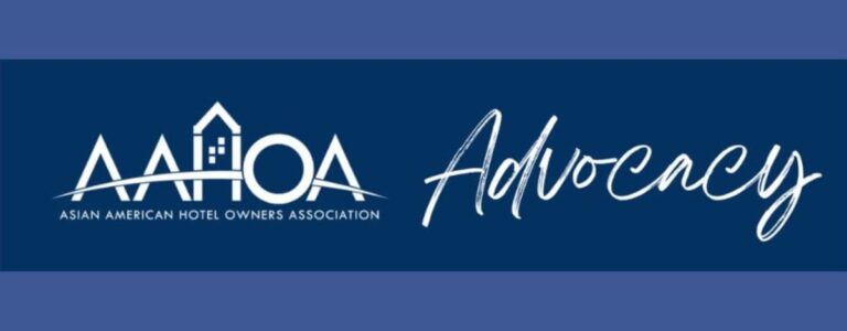 AAHOA Advocacy banner: white logo and script on dark blue background, reading Asian American Hotel Owners Association with 'Advocacy' in cursive
