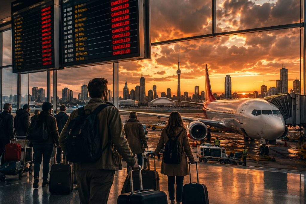 Passengers with rolling suitcases approach a jet at the gate during sunset with a city skyline in the background and a flight board showing CANCELLED still visible above.
