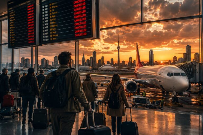 Passengers with rolling suitcases approach a jet at the gate during sunset with a city skyline in the background and a flight board showing CANCELLED still visible above.
