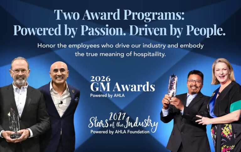 Banner announcing two award programs with four people holding trophies and a blue geometric background; text reads 'Two Award Programs: Powered by Passion. Driven by People.' and 'GM Awards' with 'Stars of the Industry' below.