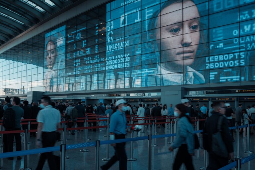 Crowded airport check-in area beneath a large blue digital screen displaying faces and data, with travelers in lines behind barriers.