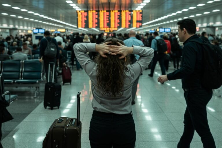 Traveler standing with hands on head in a crowded airport terminal, luggage at her feet