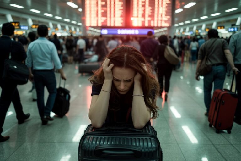 Woman sits with her head in her hands on a suitcase at a busy airport, a glowing departure board behind her.