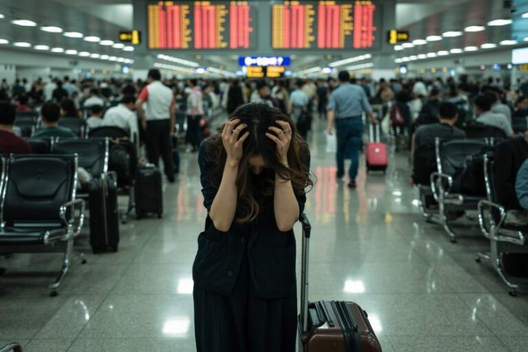 Woman standing in a busy airport terminal, hands on her head beside a wheeled suitcase, overwhelmed by the crowd and flight boards behind her.