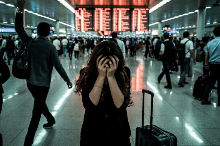 A distressed woman stands in a crowded, busy transit hub with a suitcase, covering her face with her hands amid commuters and bright red signage behind her.