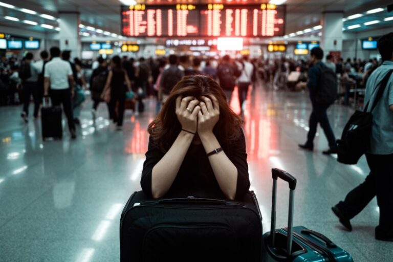 Traveler with head in hands resting on a suitcase in a crowded airport/rail terminal