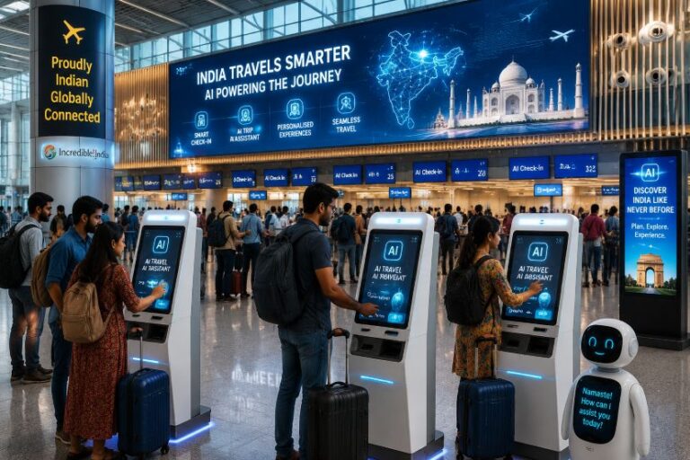 Passengers use AI travel kiosks at a busy airport check-in area with a large 'India Travels Smarter' banner overhead.
