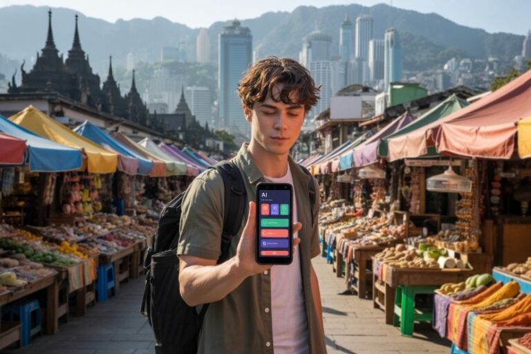 Young man with a backpack showing a smartphone displaying an AI app in a crowded outdoor market far from the camera.