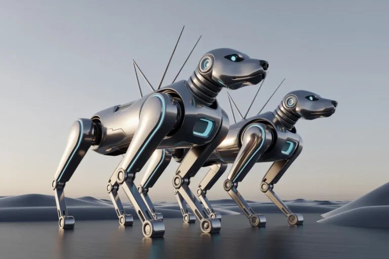 Three silver robotic dogs march in a desolate desert landscape at dusk.
