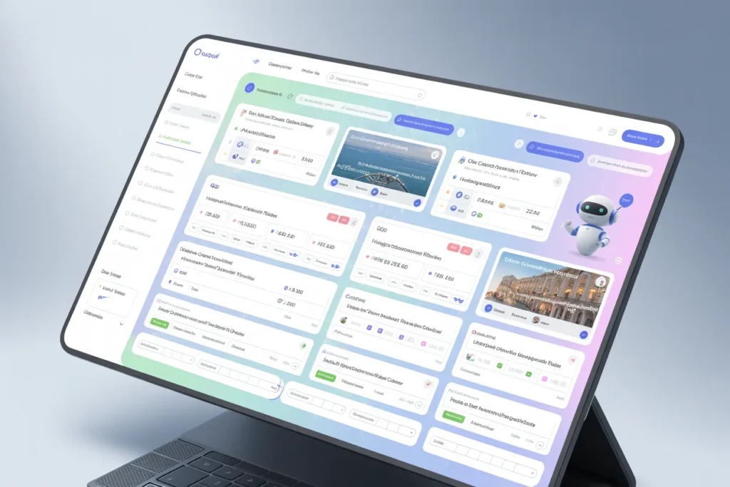 Tilted monitor displaying a colorful analytics dashboard with charts and a small robot mascot on the right.