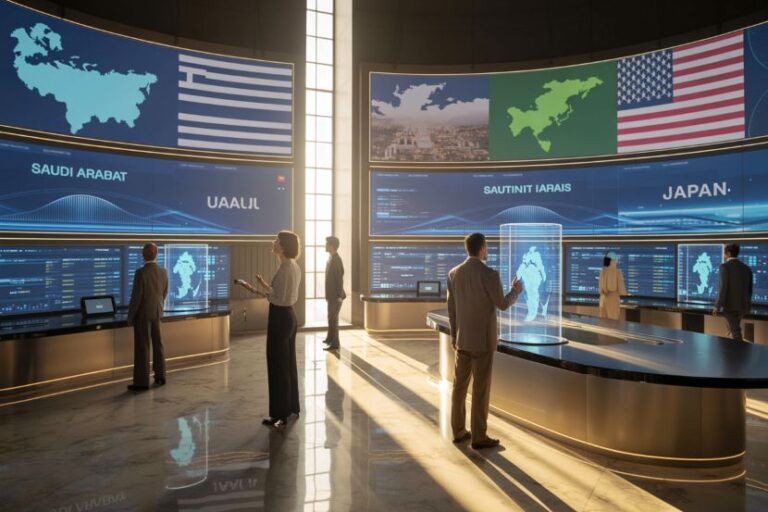 Futuristic global command center with large screens showing world maps and flags; professionals monitor data panels.
