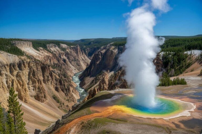 Rainbow-colored Grand Prismatic Spring with a tall steam plume rising from the center, set in a canyon under a clear blue sky.