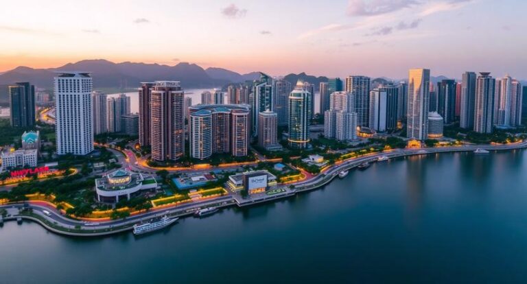 A skyline of tall modern buildings along a winding river at sunset, with a promenade lit by streetlights.