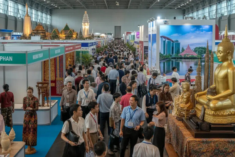 Busy trade show hall with many booths and a crowd walking between displays; large golden Buddha statues on the right.