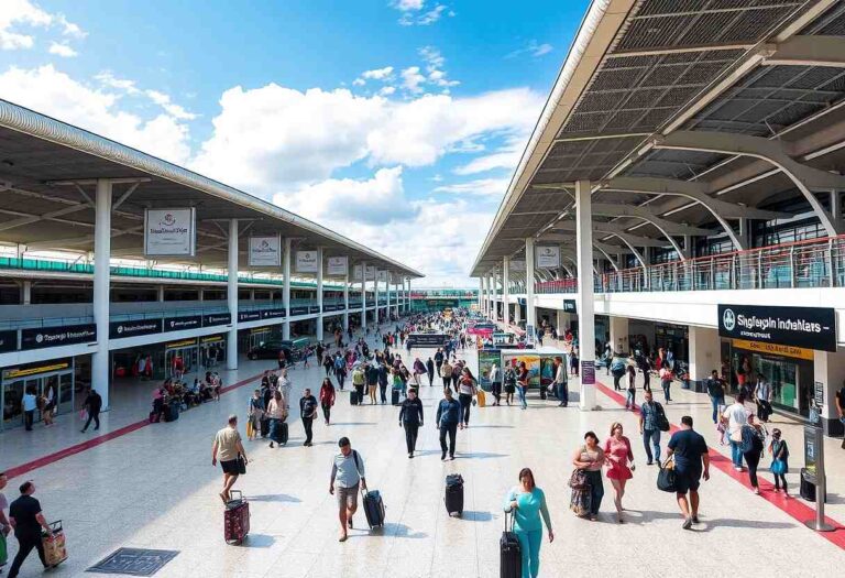 Busy airport terminal with travelers and rolling suitcases walking along a wide concourse under a bright blue sky.