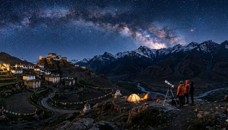 Nighttime mountain village under the Milky Way, with tents and a telescope; two people observe the sky.