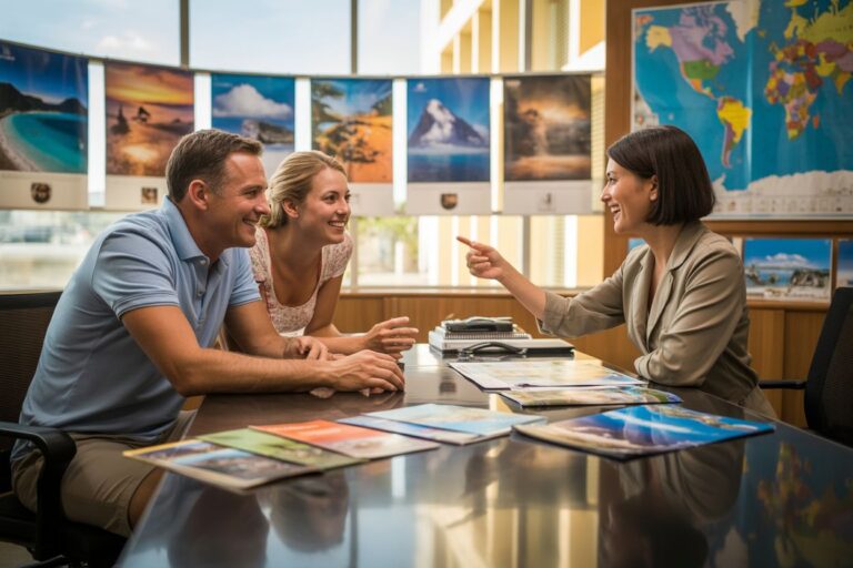 Three colleagues at a glossy table review travel brochures as wall displays of photos and a world map loom behind them.