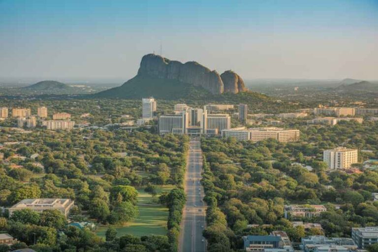 Aerial view of a city with a long tree-lined boulevard leading to a cluster of modern buildings, with a large rocky hill in the distance and green parks surrounding the streets.