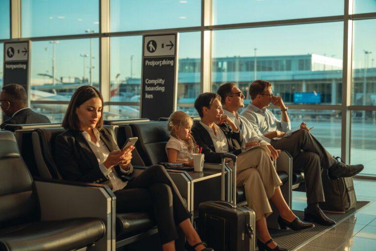 Travelers waiting at an airport gate: a woman on her phone, a small child with a cup, and others seated with luggage by large windows.
