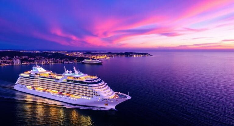 Large white cruise ship sailing near a coastline at dusk, with pink and purple sunset skies reflecting on calm water.