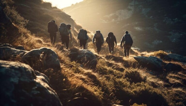Group of hikers with backpacks walking along a sunlit rocky trail at dawn in a mountainous landscape