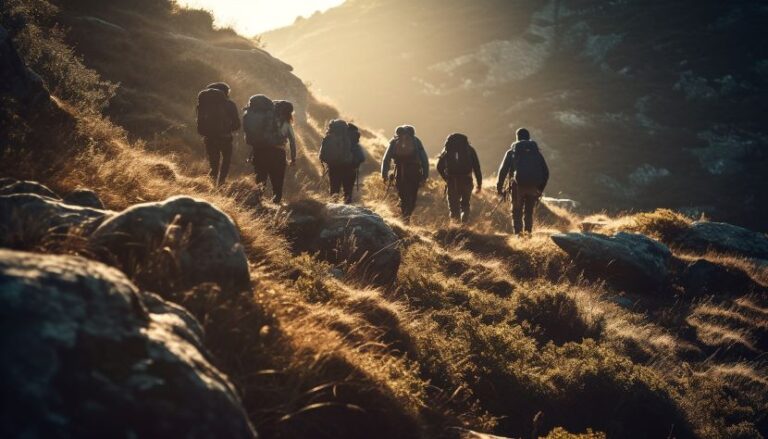 Group of hikers with backpacks walking along a sunlit rocky hillside at dusk.