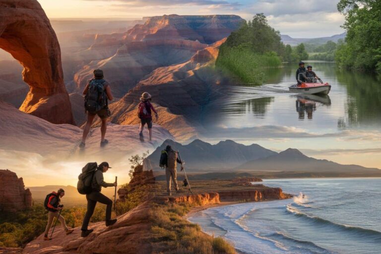 Collage of hikers exploring canyons, a river boat scene, coastal waves, and mountain terrain.