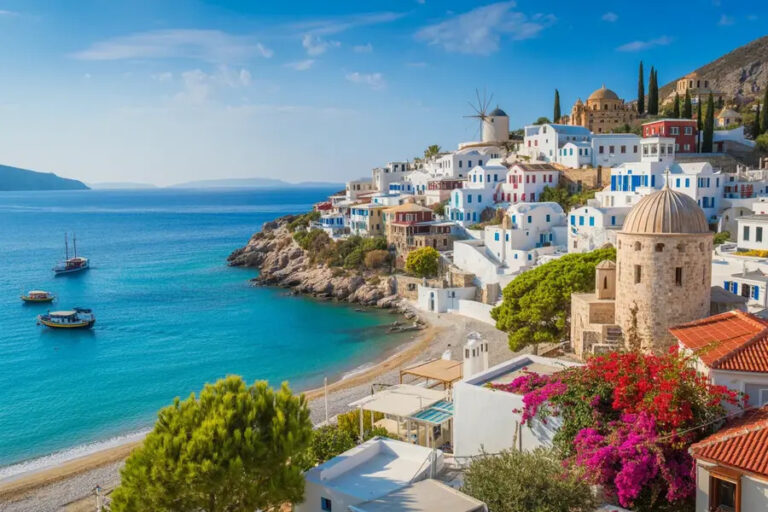 White-washed buildings climb a hillside along a blue Aegean shoreline with a domed stone church, colorful flowers, and clear turquoise water.