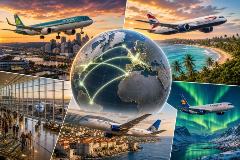 Global collage showing airplanes and travel scenes around a glowing Earth, symbolizing worldwide air travel and connectivity.