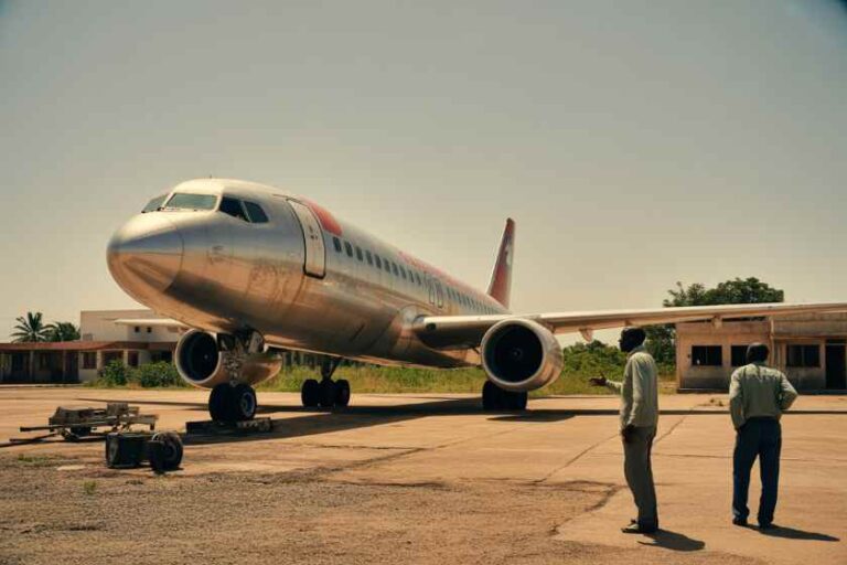 A silver commercial airliner parked on a sunlit tarmac with two men standing nearby and ground equipment in the foreground on the apron.
