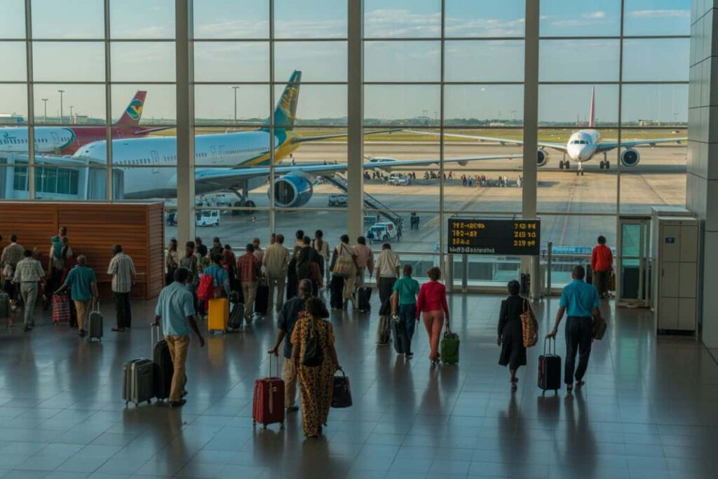 Crowded airport terminal with travelers pulling wheeled suitcases toward the gates, seen through a large glass wall with airplanes on the tarmac outside.