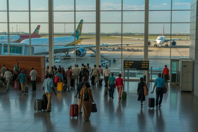 Crowded airport terminal with travelers pulling wheeled suitcases toward the gates, seen through a large glass wall with airplanes on the tarmac outside.