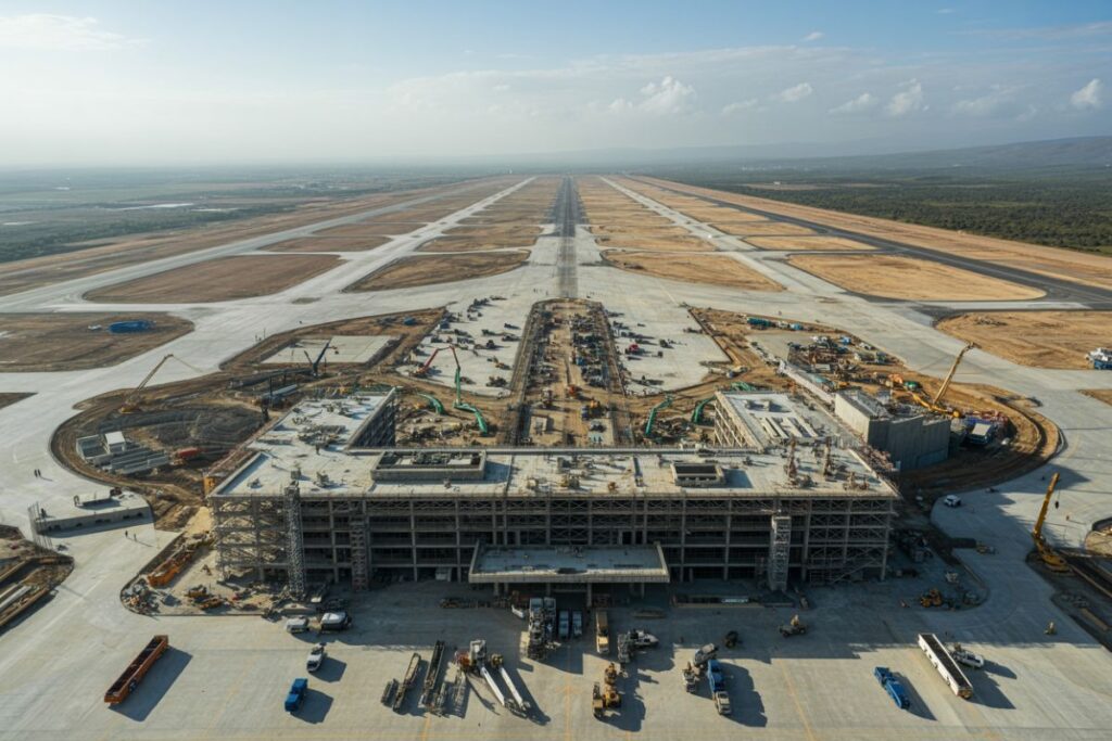 Aerial view of a large airport construction site with an unfinished terminal and long, straight runways ahead.