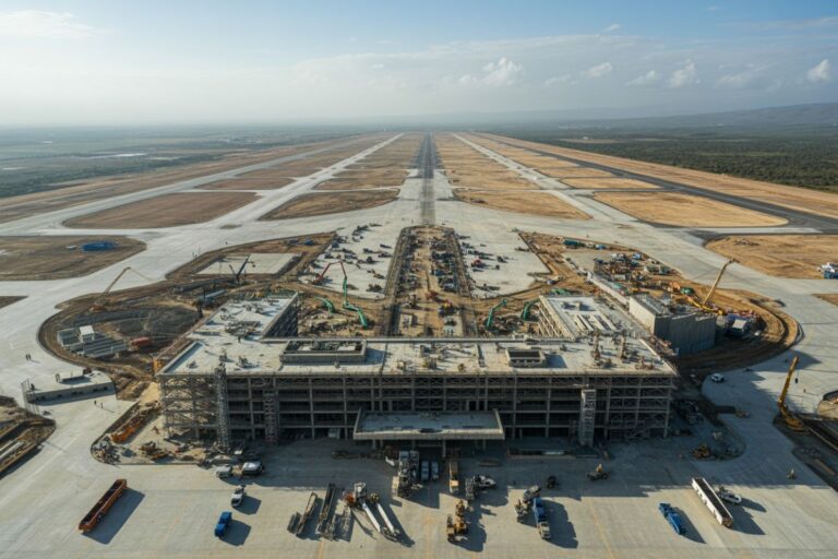 Aerial view of a large airport construction site with an unfinished terminal and long, straight runways ahead.