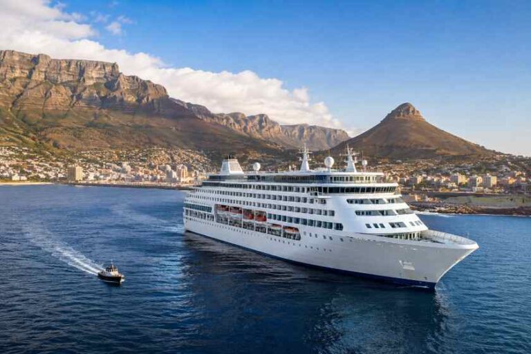Large white cruise ship cruising near a coastal town with rugged hills and a cone-shaped peak in the background.