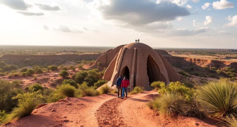 Two people walk toward a rounded, dome-like adobe structure in a desert, with a rocky path leading to it under a cloudy sky.