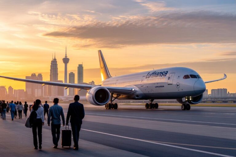 Passengers with rolling suitcases walk toward a Lufthansa jet on the runway at sunset, as city buildings glow in the background.