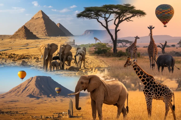 Collage of African landscapes with pyramids, elephants, giraffes, a lone acacia tree, and colorful hot air balloons in the sky.