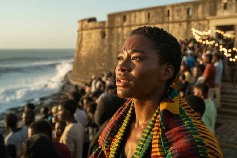 Young woman wrapped in a colorful scarf gazes toward the sunset at a crowded seaside fortress by the water.