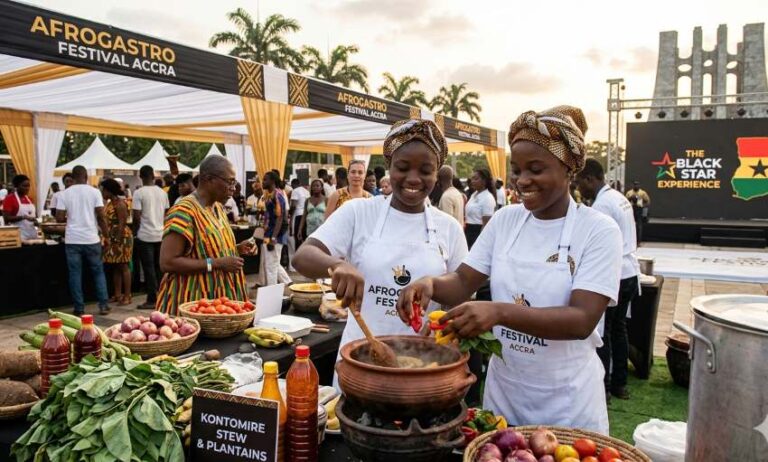 Two smiling women in white aprons cook at an AfroGastro Festival stall, with vendor tables and festival banners in the background.