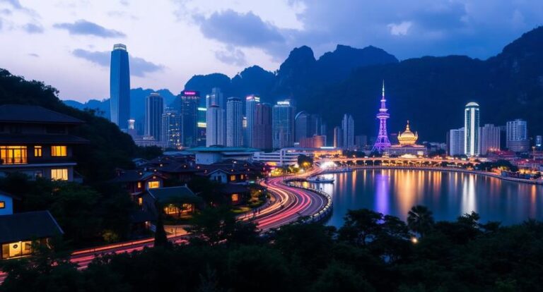Nighttime city skyline along a river with illuminated skyscrapers and light-trailed roads, mountains in the background