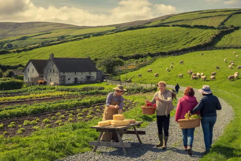 Country farm scene with a stone farmhouse, vegetable beds, and a table of cheese as visitors carry baskets along a gravel path near grazing sheep on rolling green hills